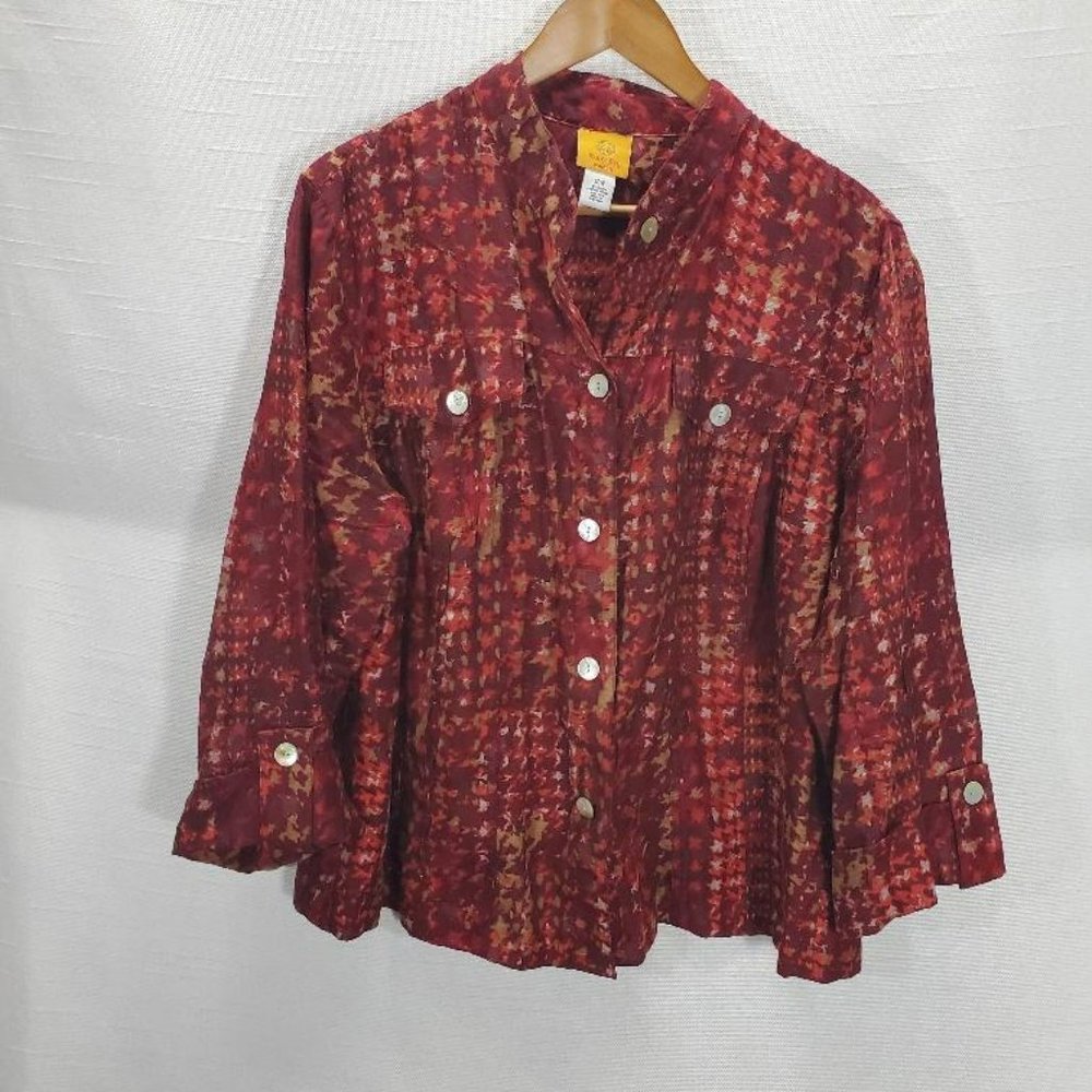 Ruby Rd Button Up Top Womens 18W Burgundy/Red/Tan Sheer Cut Out 3/4 Sleeve